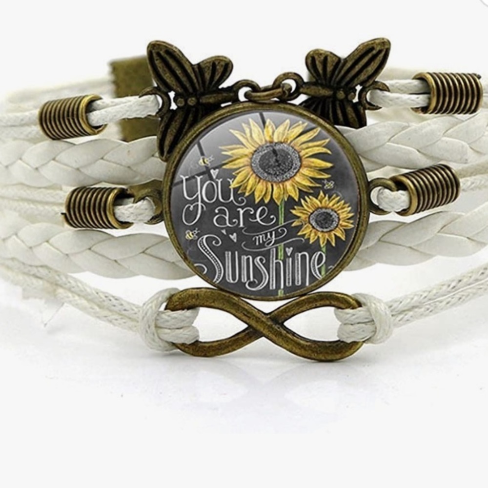 Boho Free Spirit Breaded Faux Leather Retro White You Are My Sunshine Bracelet
